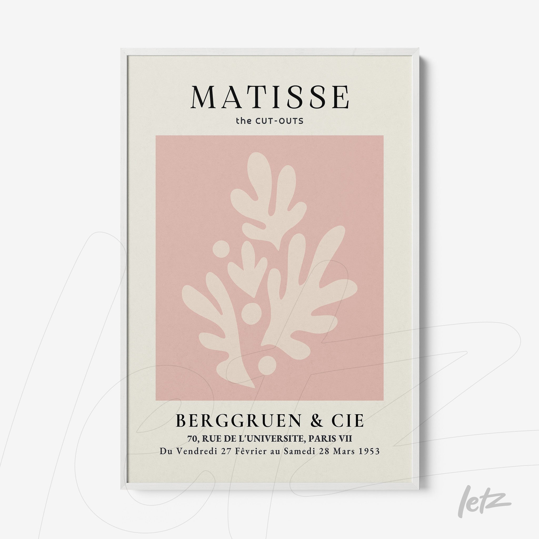 framed artwork inspired by Matisse featuring soft pink abstract shapes on a light background with white frame