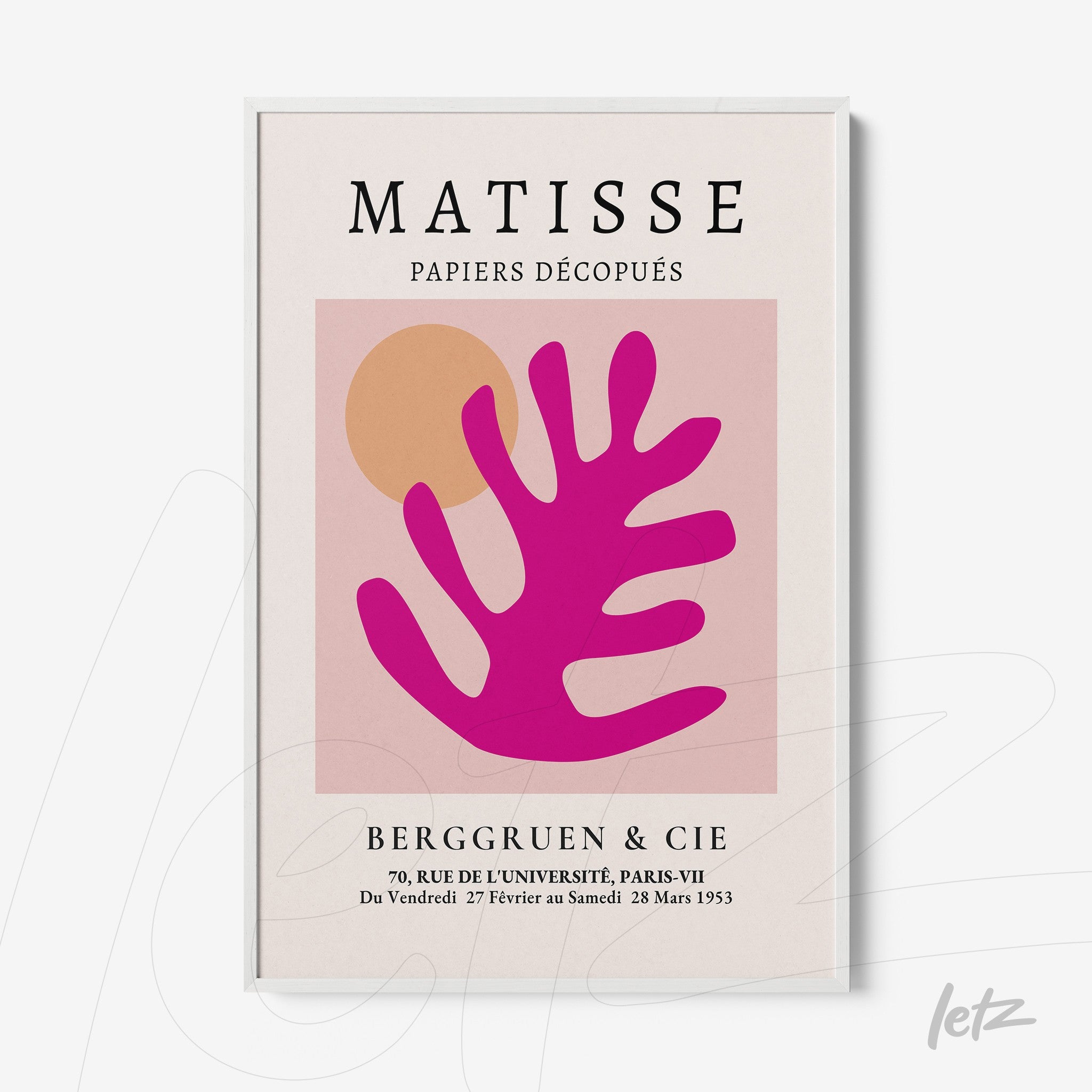 framed art print featuring a stylized pink leaf against a light background, with accent colors of orange and a white frame
