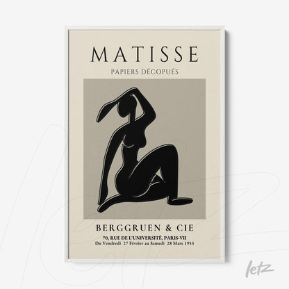 framed art print of a minimalist female silhouette on a beige background with a white frame