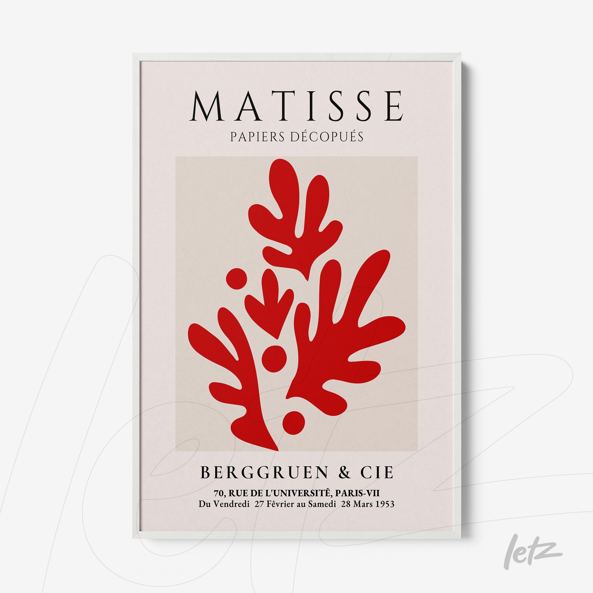 framed artwork inspired by Matisse featuring abstract red shapes on a neutral background with a white frame