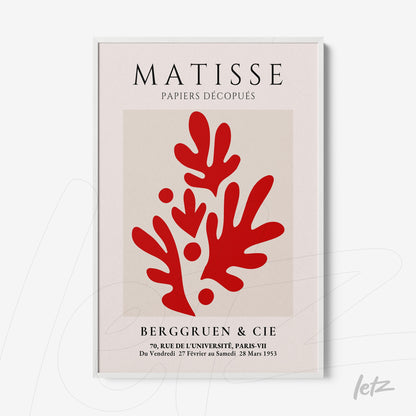 framed artwork inspired by Matisse featuring abstract red shapes on a neutral background with a white frame