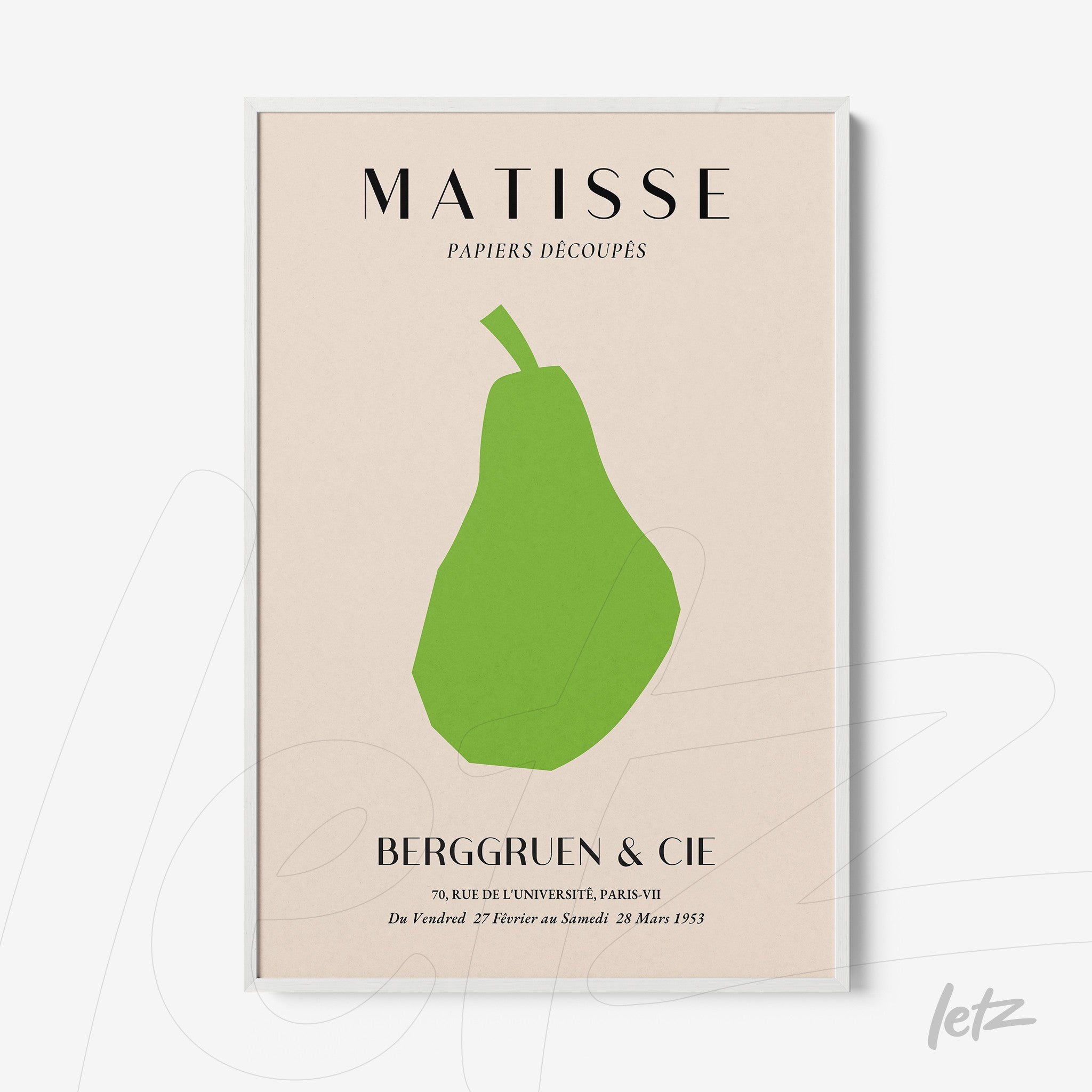 framed wall art featuring a green cut paper art piece on beige background with white frame and highlighted text