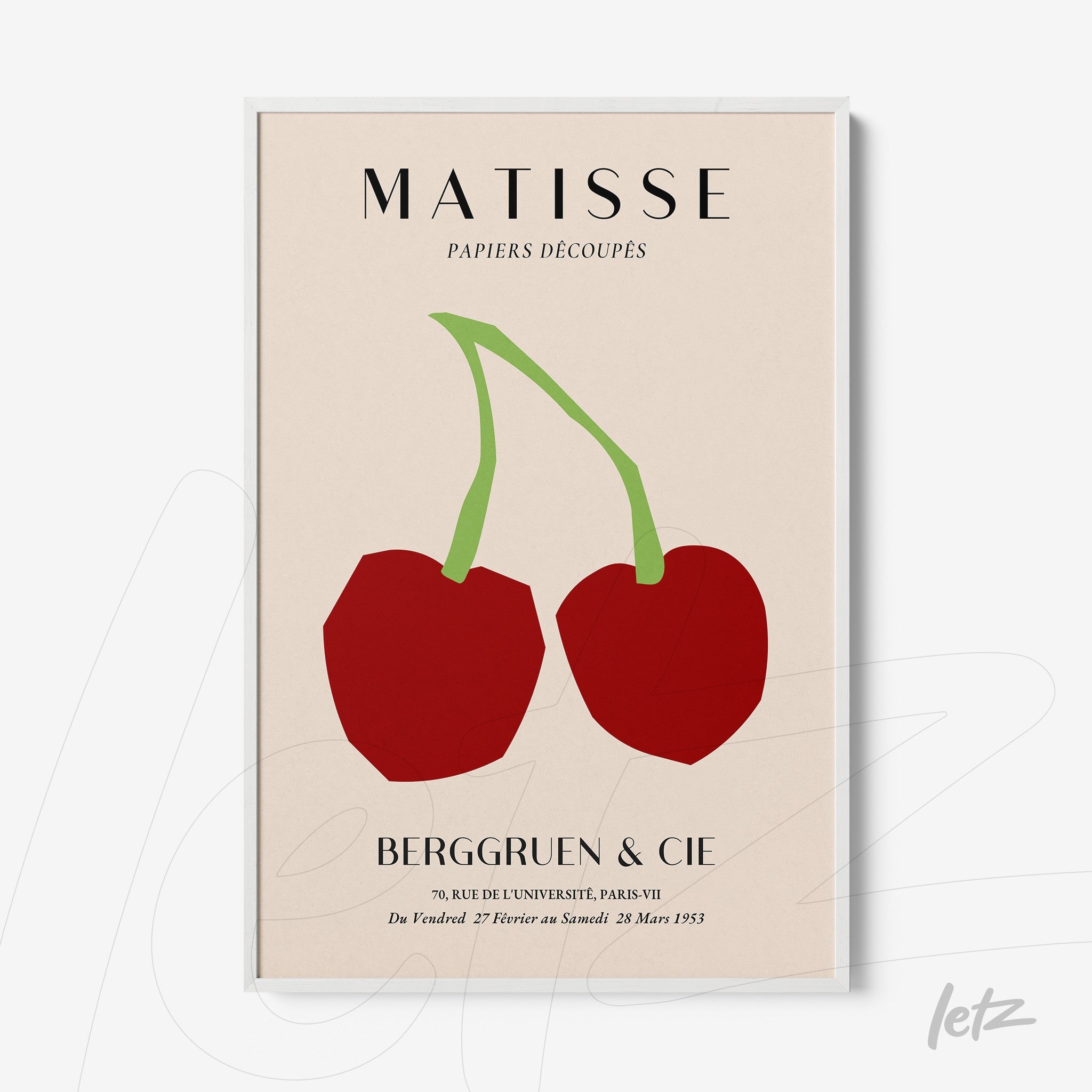 modern art framed piece featuring cut-out style cherries in white frame