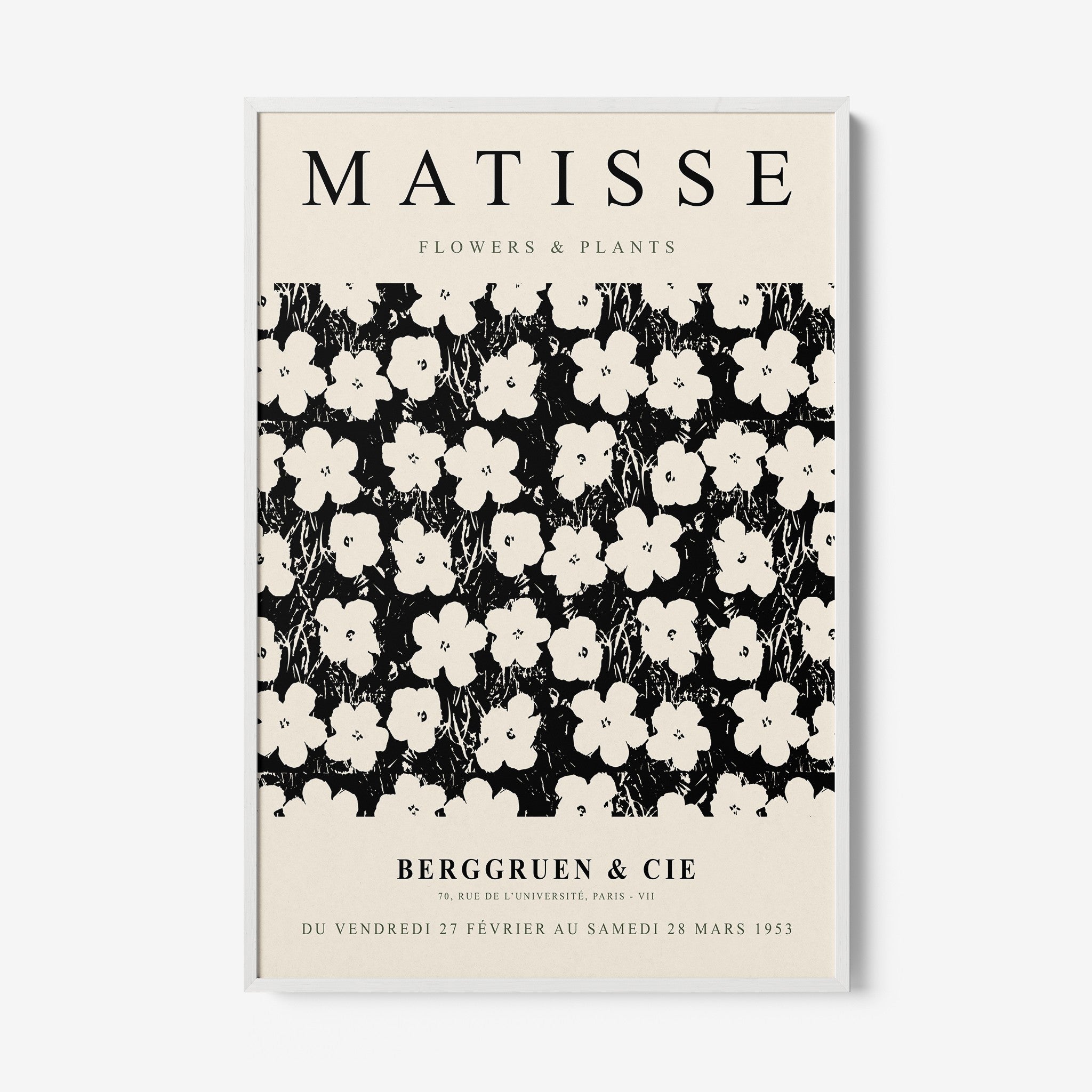 framed art inspired by Matisse featuring white flowers on a black background with classic typography