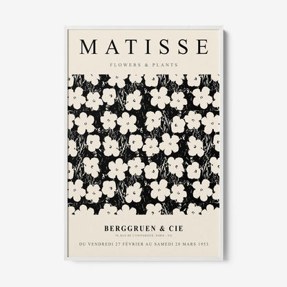framed art inspired by Matisse featuring white flowers on a black background with classic typography
