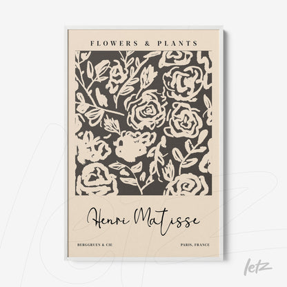 framed wall art featuring floral design by Henri Matisse with white frame, beige background and dark stylized roses
