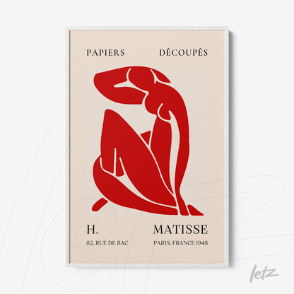 framed artwork featuring a stylized red female figure on a light background with white frame