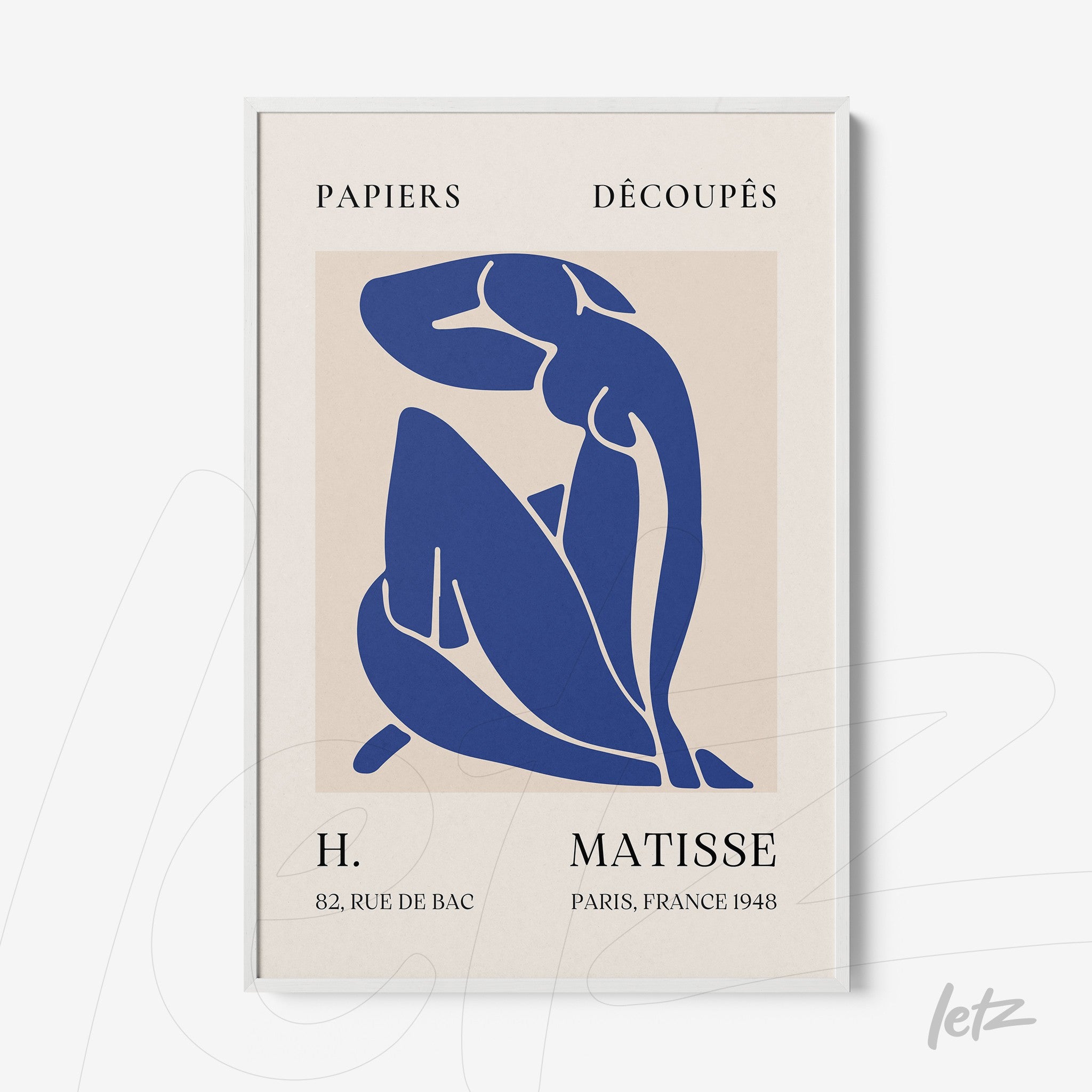 framed modern art print featuring blue abstract female forms on a neutral background with white frame