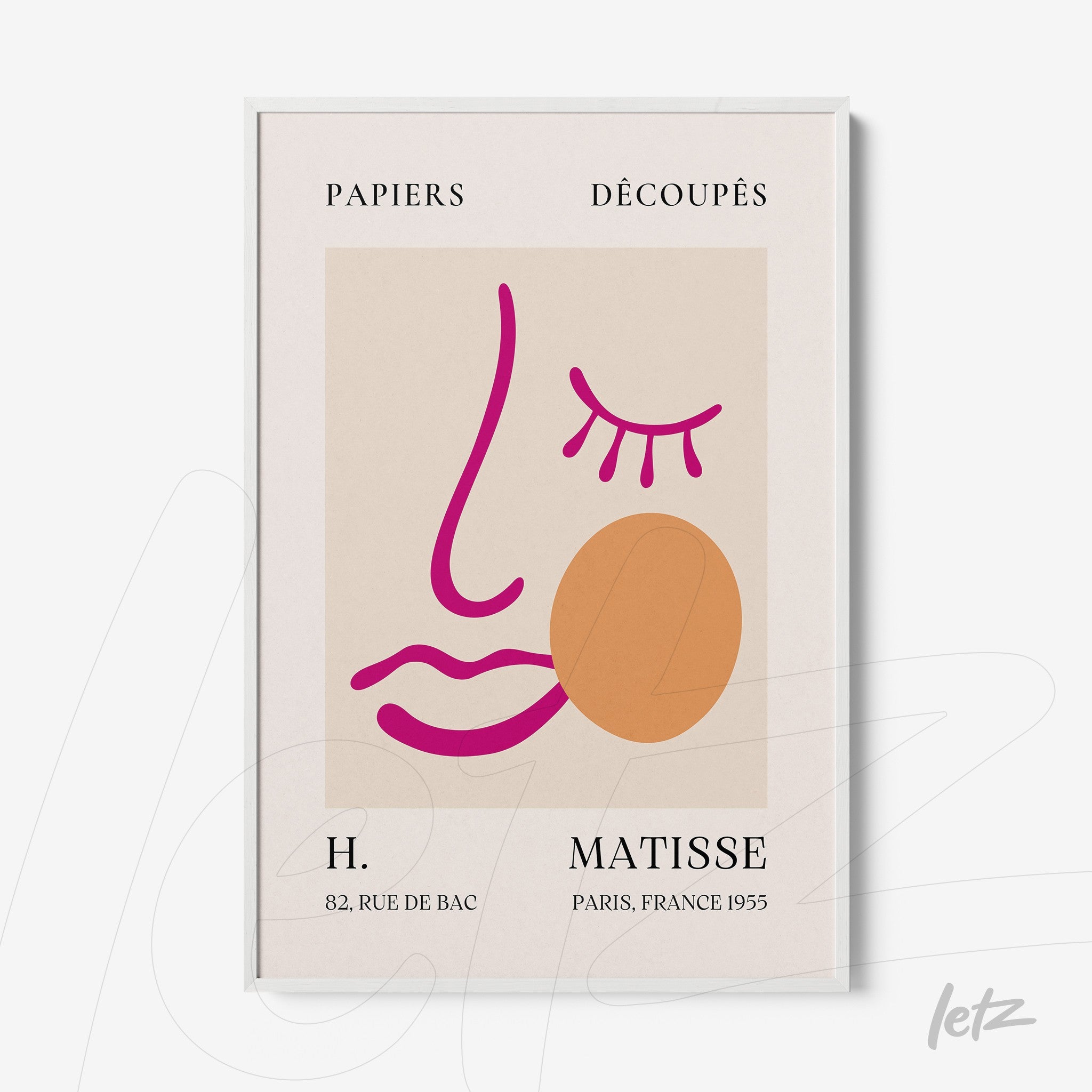 framed artwork featuring abstract face design with pink and orange lines on light background