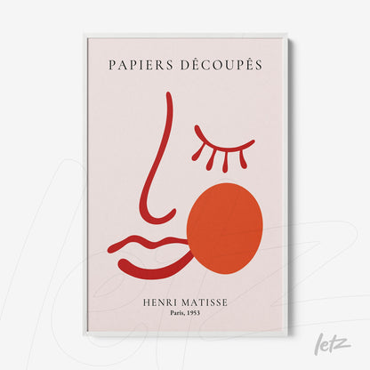 decorative art print featuring a modern stylized face in red and orange tones on light pink background with white frame