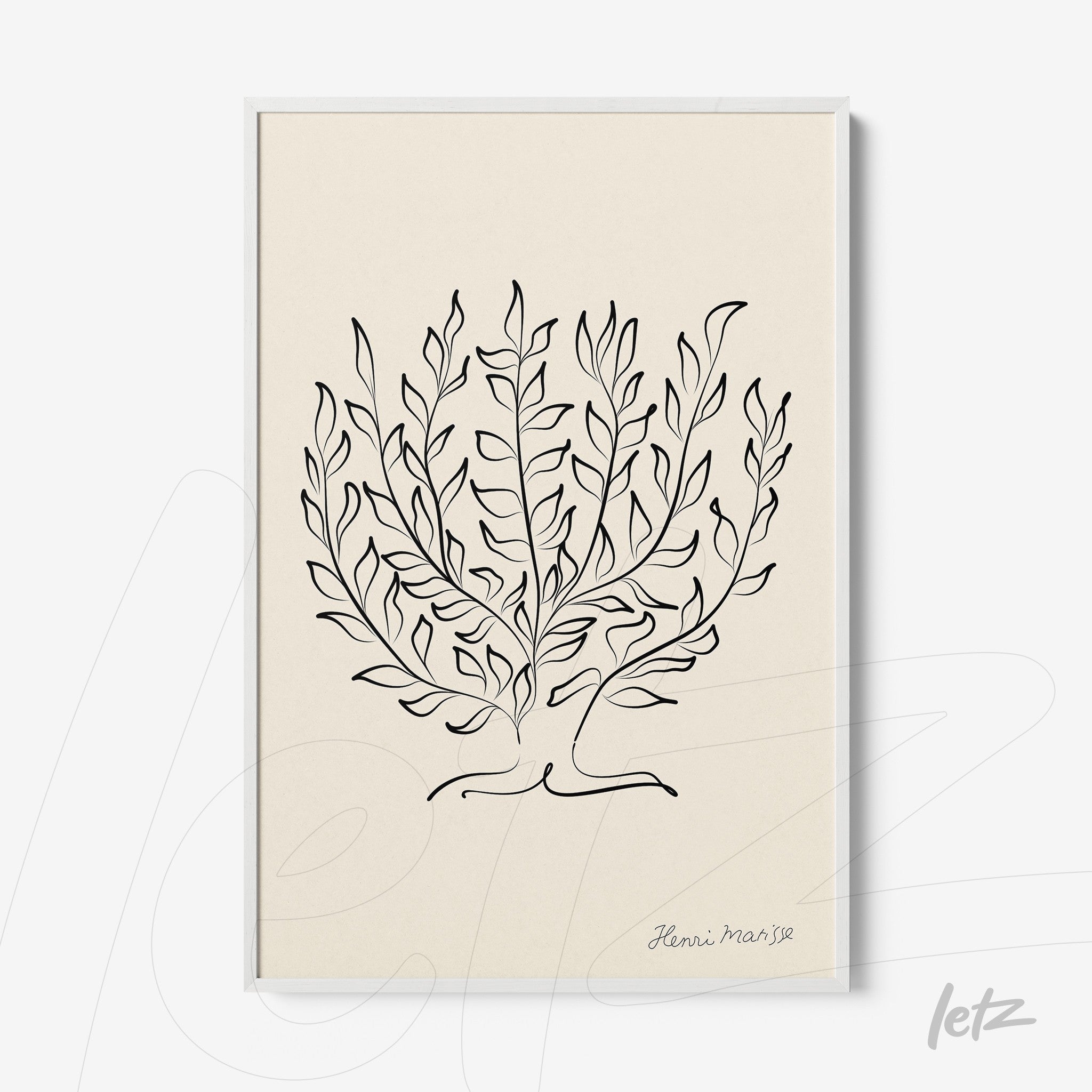minimalist artwork featuring black line drawing of foliage on light background with white frame