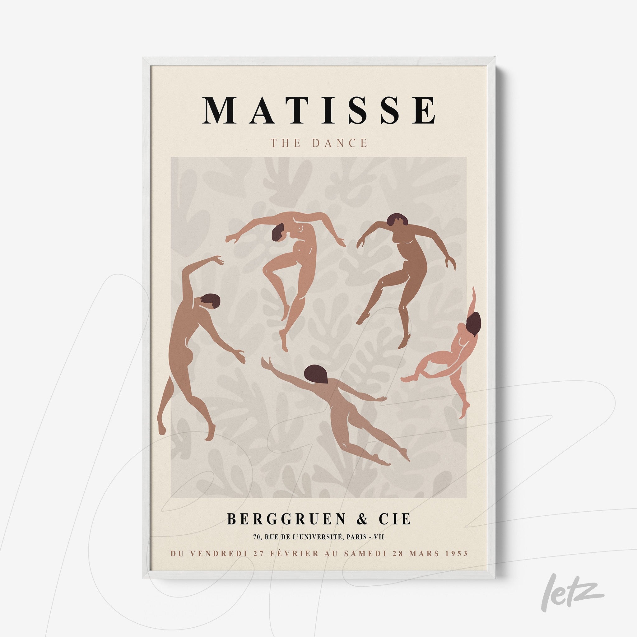 framed art depicting stylized dancers in pastel tones on a neutral background with a thin white frame