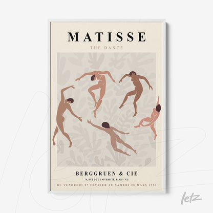 framed art depicting stylized dancers in pastel tones on a neutral background with a thin white frame