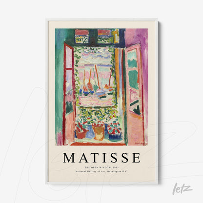framed colorful artwork by Matisse titled the open window featuring a white frame