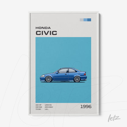 framed artwork featuring a stylized illustration of a 1996 Honda Civic in blue against a light blue background, with graphic details and car specifications
