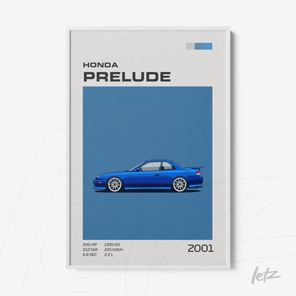 framed artwork featuring a 2001 Honda Prelude illustration on a blue background with white frame