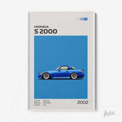 framed illustration of Honda S2000 car on blue background with white frame