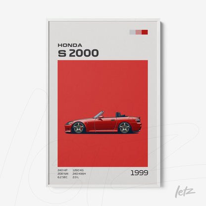 framed art of the Honda S2000 sports car in vibrant red background with white frame