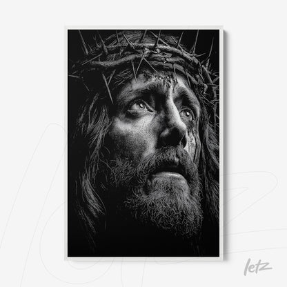 framed black and white portrait of Christ crowned with thorns