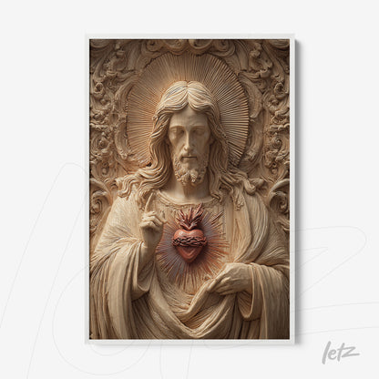 framed wall art featuring a relief of Christ holding a sacred heart surrounded by ornate wooden elements