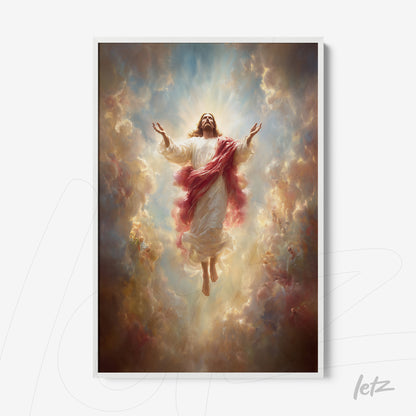 framed artwork depicting Jesus Christ ascending amidst colorful clouds