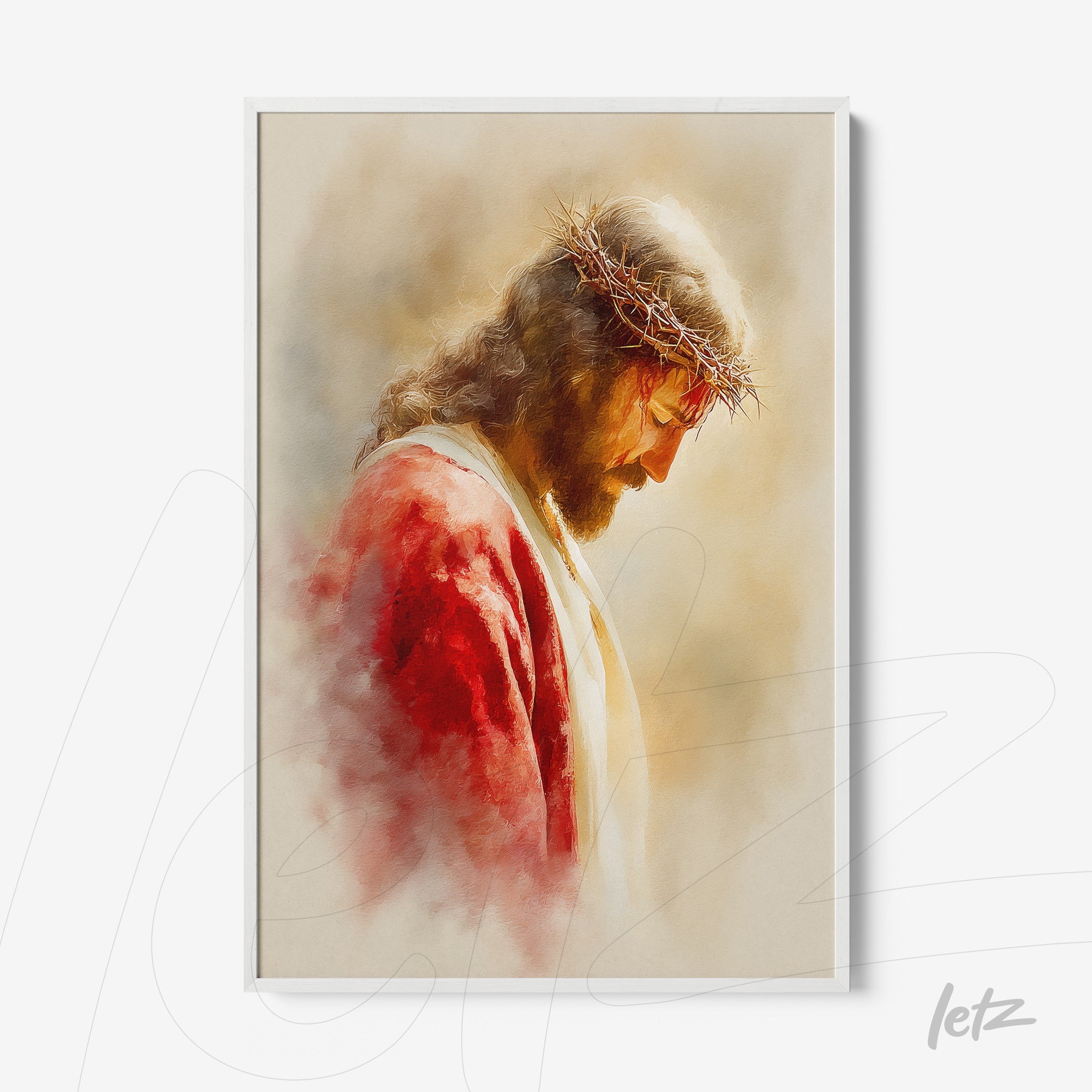 framed religious art depicting jesus with a crown of thorns in a white frame