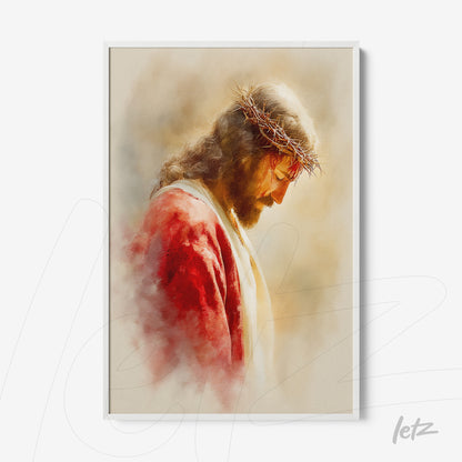 framed religious art depicting jesus with a crown of thorns in a white frame