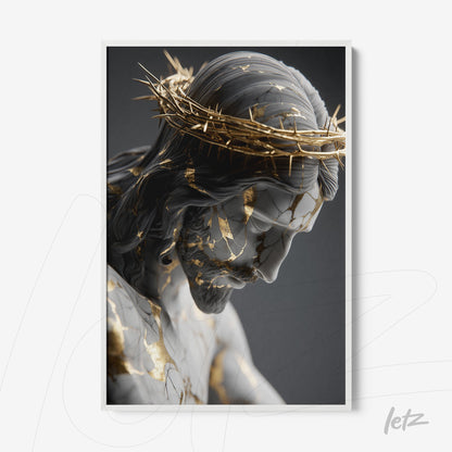 framed artwork of Christ with golden accents and fine cracks in a white frame