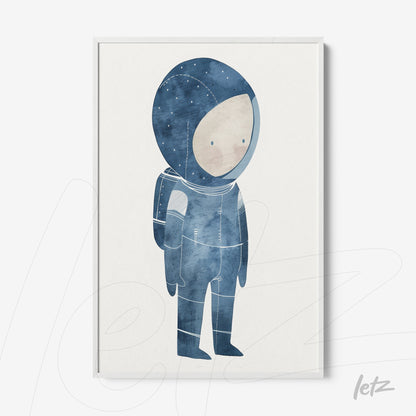 framed artwork depicting a childlike astronaut illustration in shades of blue