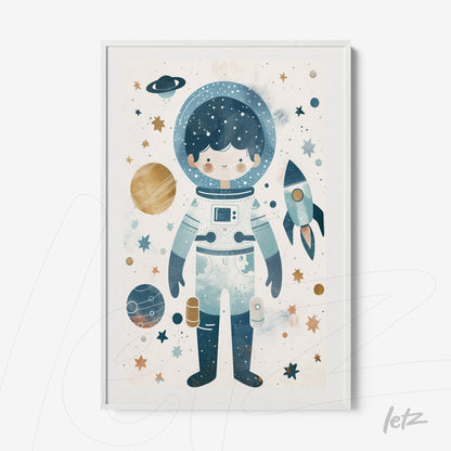 framed art print of a child astronaut surrounded by planets and stars in a whimsical space setting