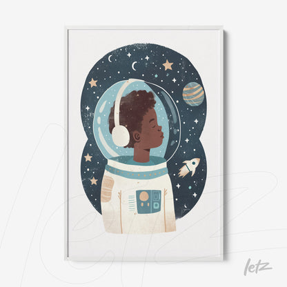 framed artwork featuring an illustration of a boy astronaut against a starry space background with planets, white frame