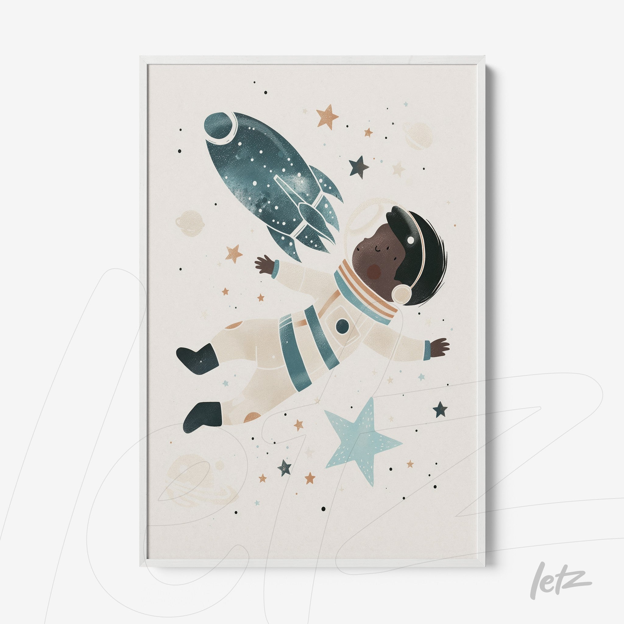 framed artwork of an astronaut floating in space next to a rocket and stars