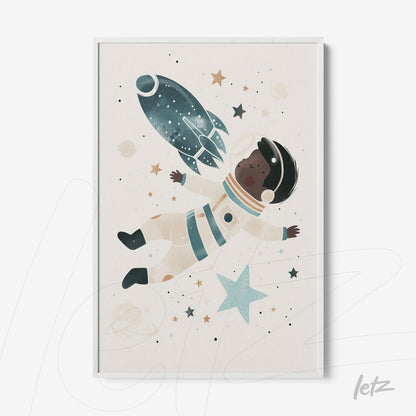 framed artwork of an astronaut floating in space next to a rocket and stars