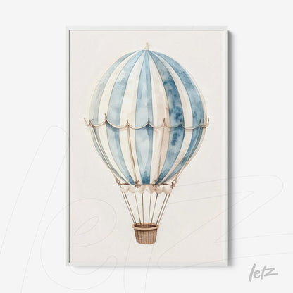 framed artwork of a hot air balloon in blue and white stripes