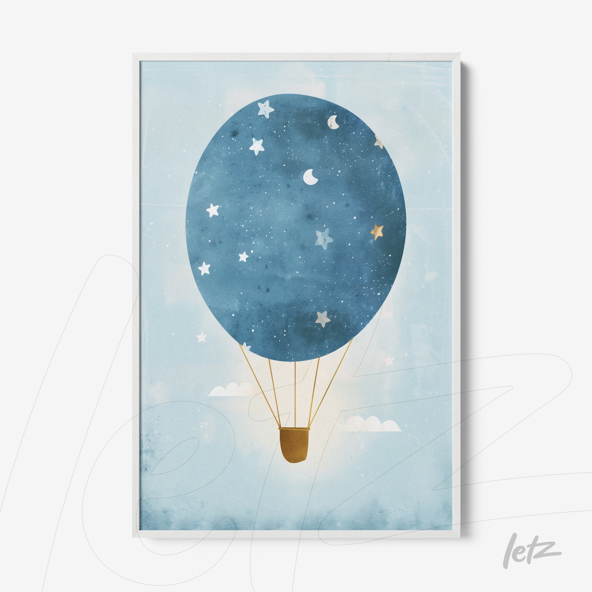 decorative wall art featuring a blue hot air balloon illustration against a light background with stars and clouds, framed in white