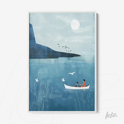 framed wall art depicting a couple in a boat on a calm lake with a distant mountain backdrop