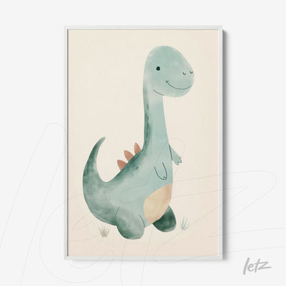 framed watercolor illustration of a friendly dinosaur in white frame