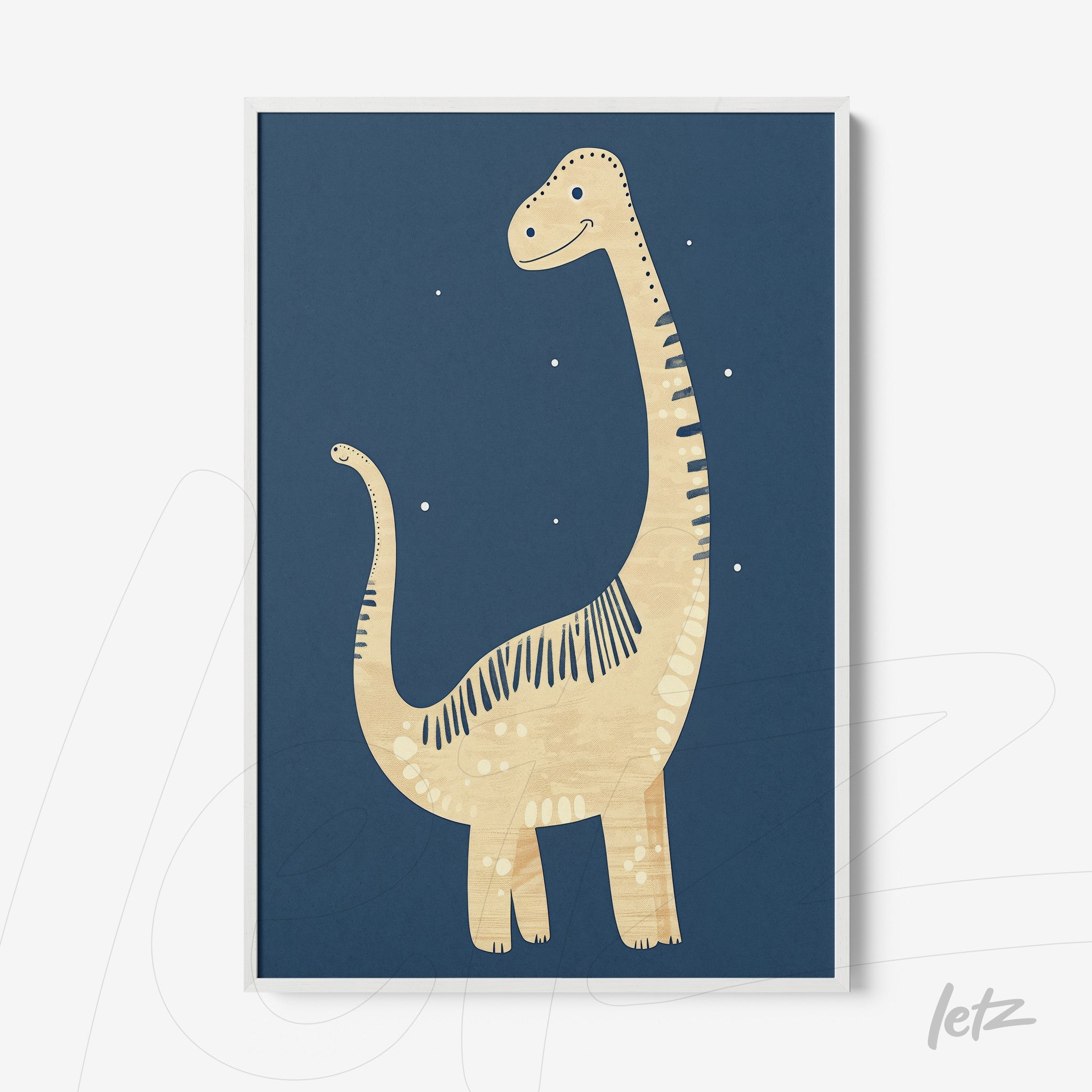 framed wall art featuring a dinosaur illustration on dark blue background with white frame