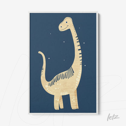 framed wall art featuring a dinosaur illustration on dark blue background with white frame