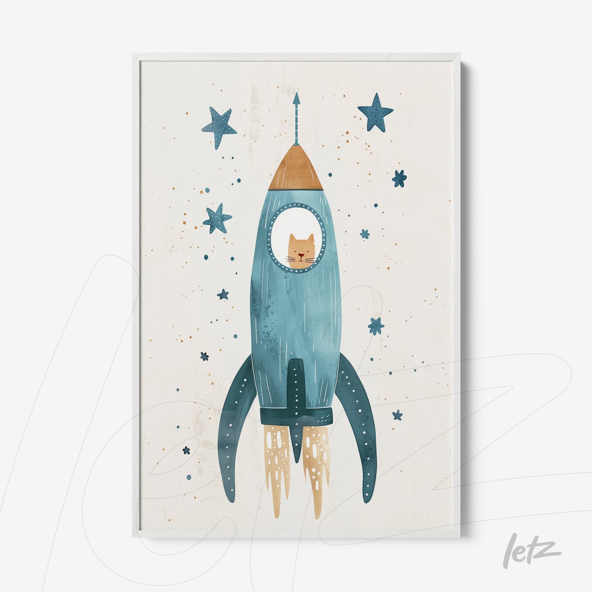 framed art featuring an illustration of a cat inside a blue rocketship surrounded by stars