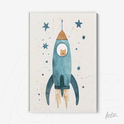 framed art featuring an illustration of a cat inside a blue rocketship surrounded by stars