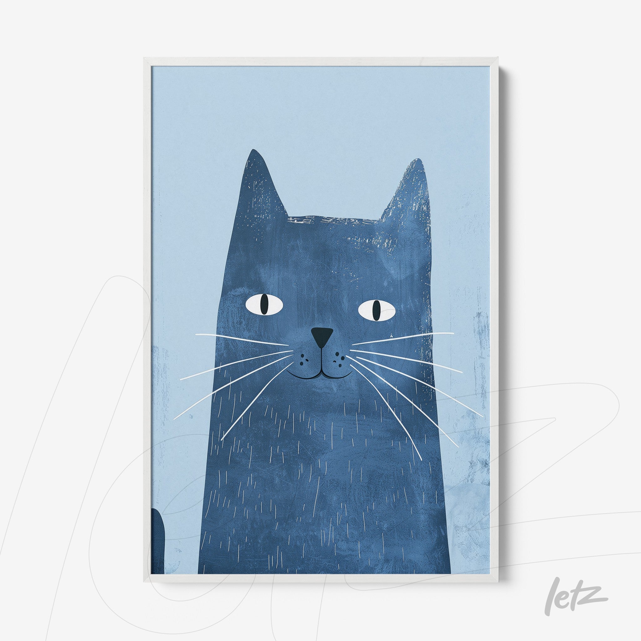framed wall art featuring a blue cat illustration on a light background with a white frame