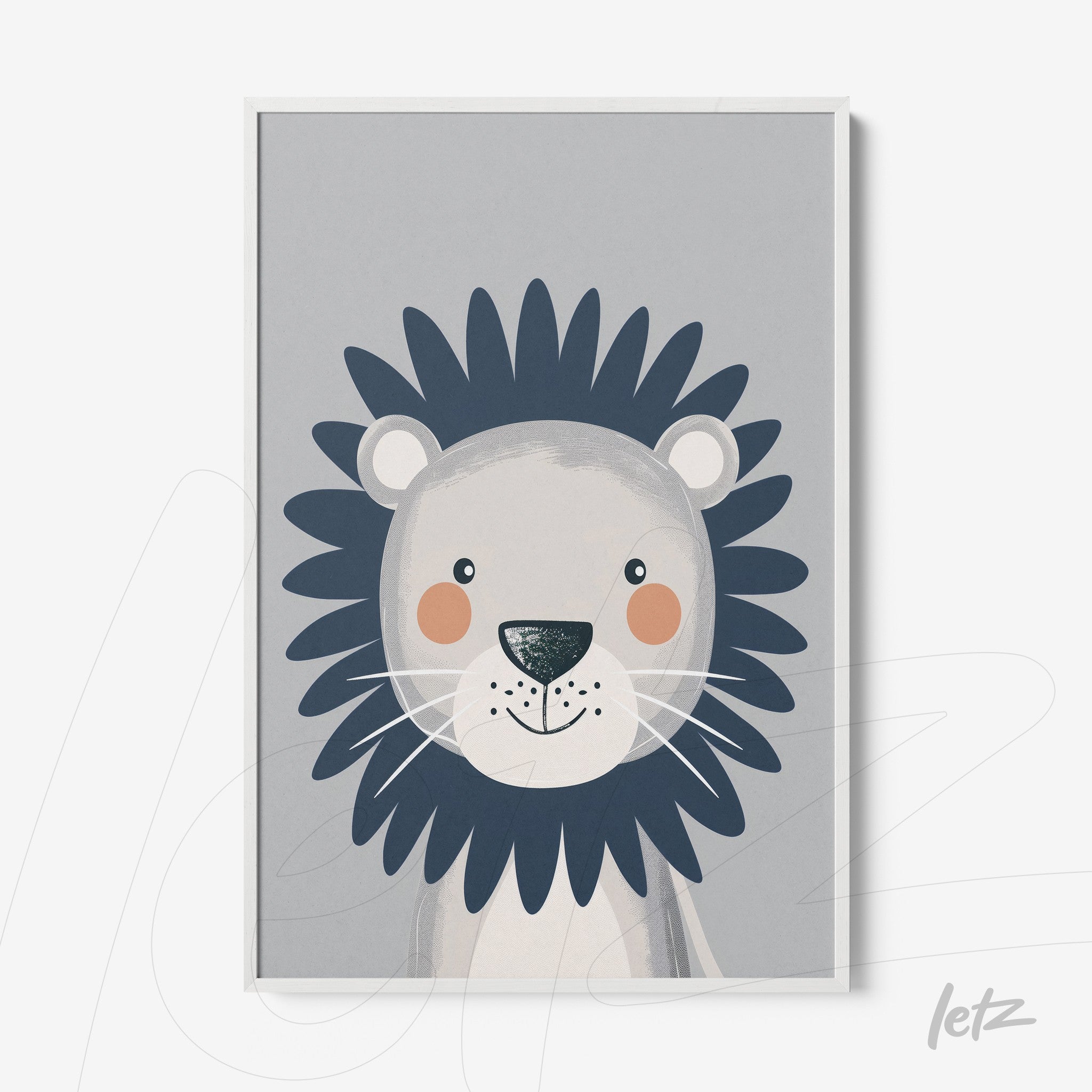 framed wall art of a friendly lion illustration on gray background with white frame