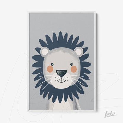 framed wall art of a friendly lion illustration on gray background with white frame