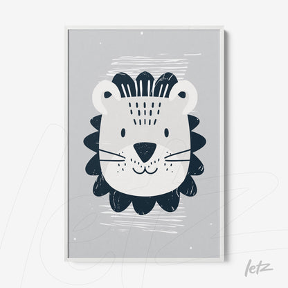 framed artwork featuring a stylized lion illustration on light gray background with white frame