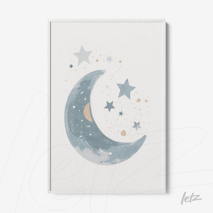 framed art featuring a crescent moon illustration in shades of blue surrounded by stars on a light background