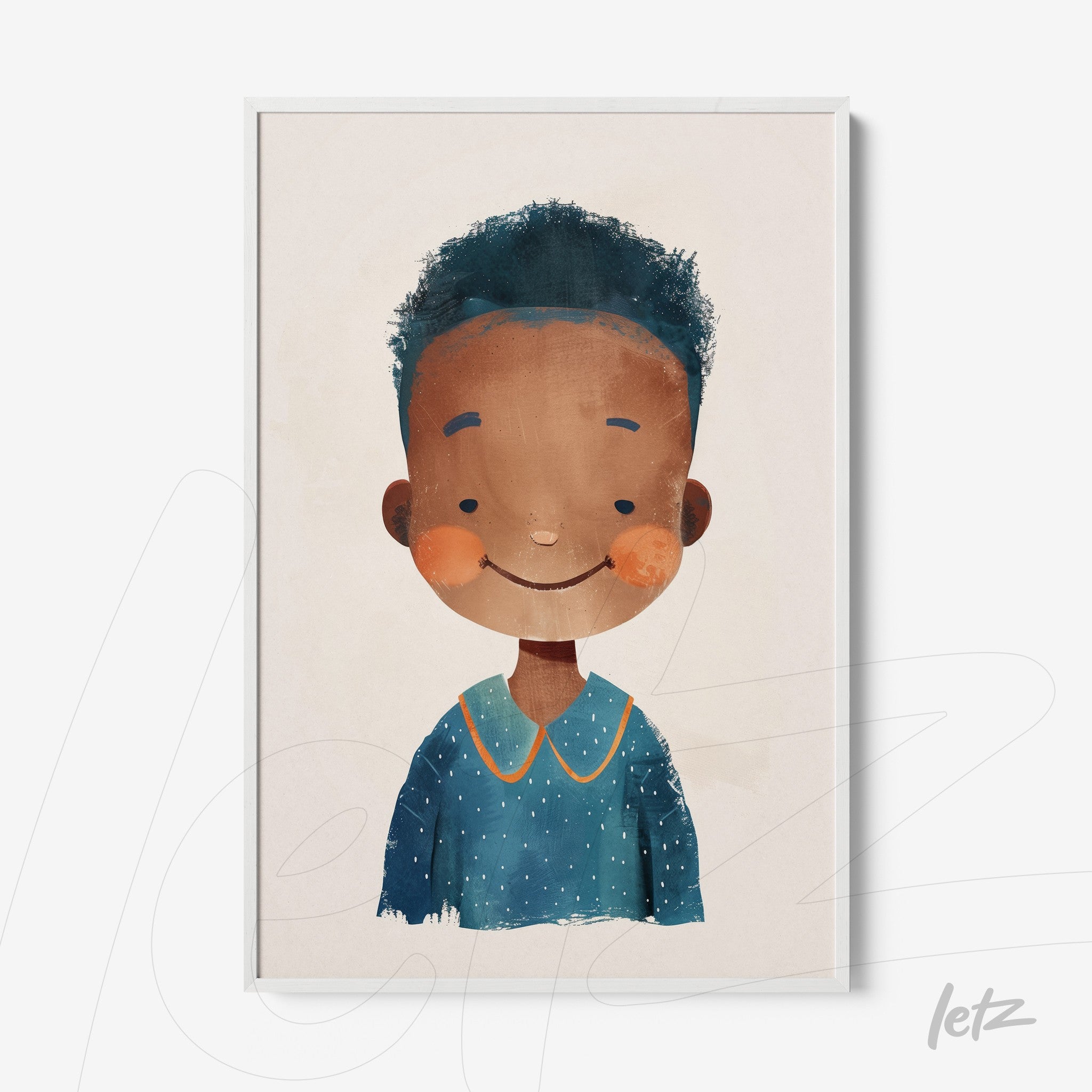 framed illustration of a smiling child with curly hair wearing a blue shirt