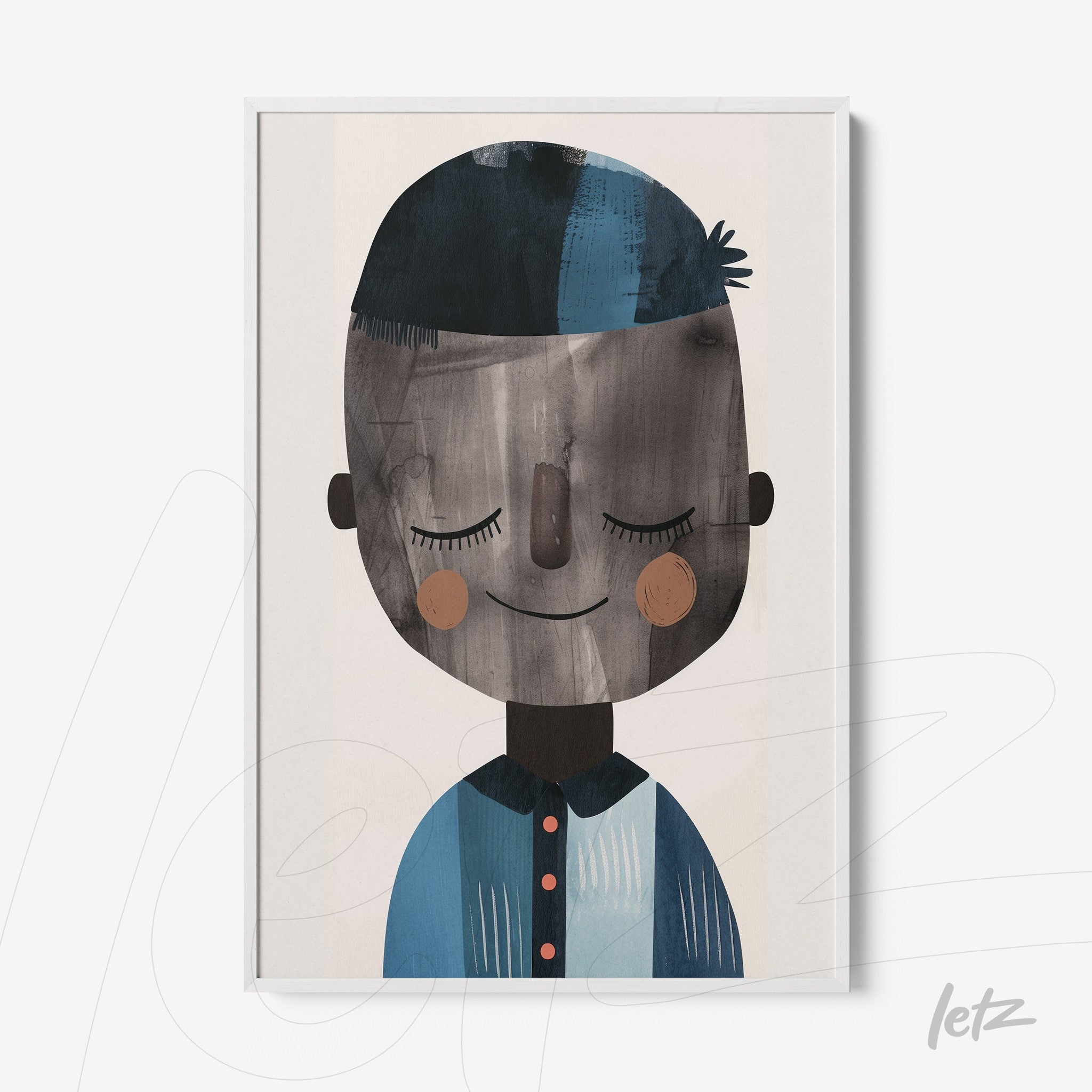 framed wall art of a smiling boy in shades of blue and black with white frame