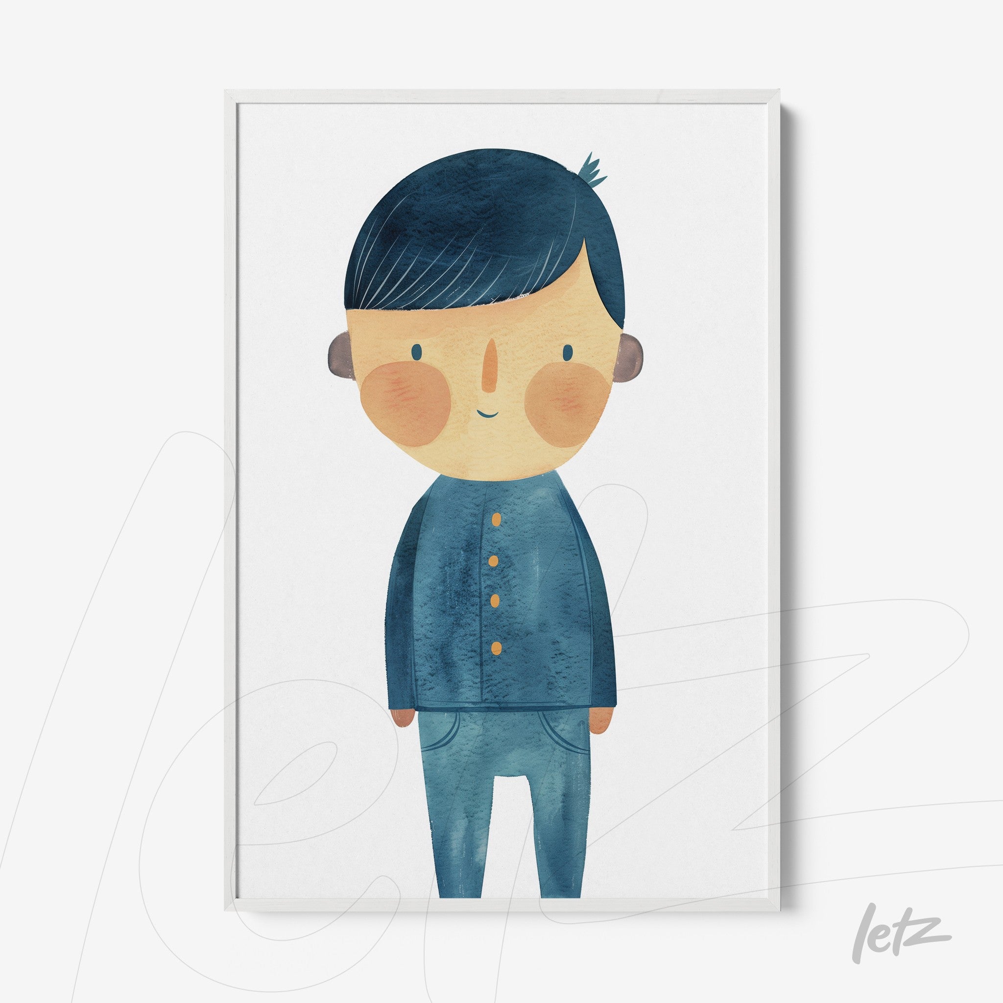 framed children's illustration of a boy with dark blue hair and blue outfit