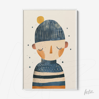 framed artwork featuring a contemporary character illustration wearing a beanie and sweater with a white frame